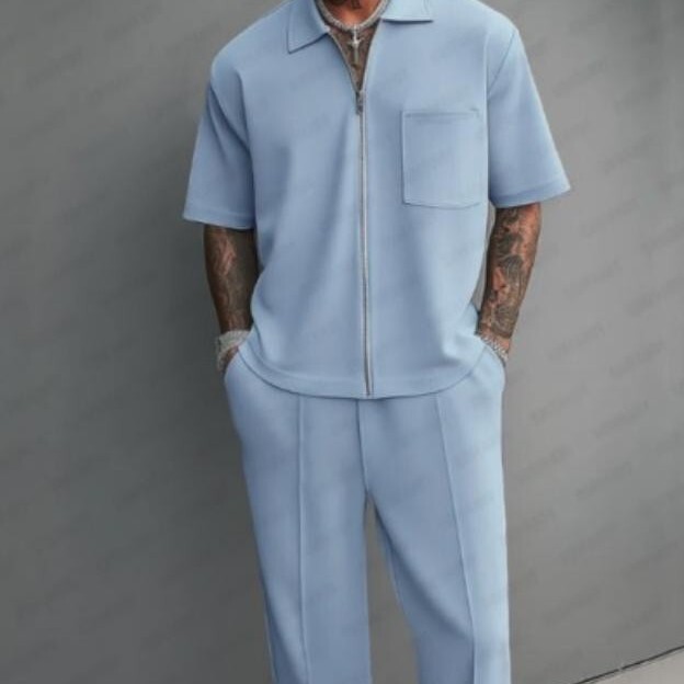 Cross-Border Popular Lapel Shirt Short-Sleeved Men's Casual Suit Zipper Shirt and Long Pants 2-Piece Set