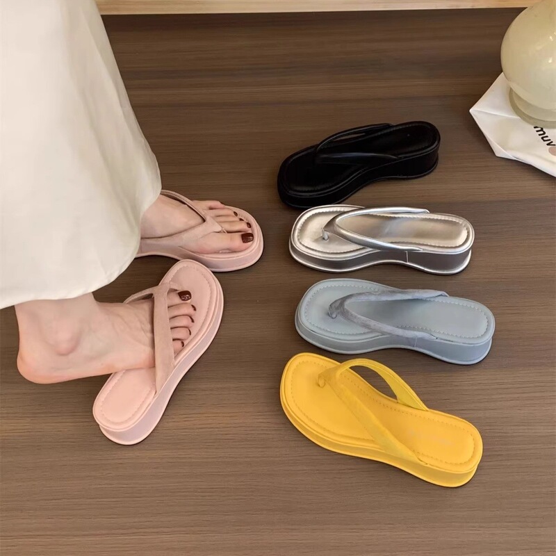 Wedge High-Heeled Silver Flip-Flops Women's Shoes for Outer Wear 2025 Summer Thick-Soled Height-Increasing Shoes Sandals