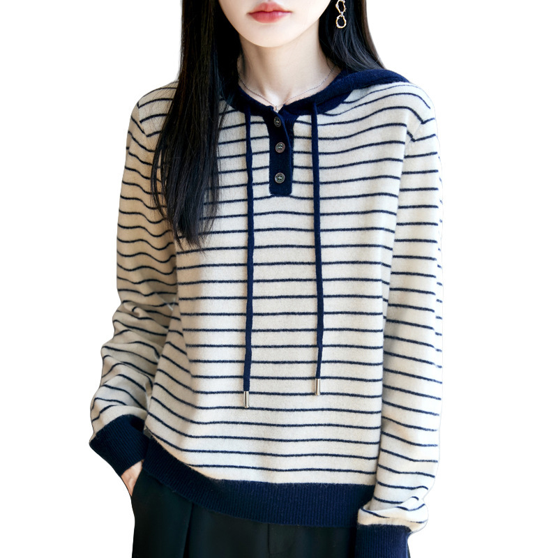 秋冬新款100纯羊毛衫女连帽套头针织打底衫上衣条纹宽松女装毛衣|undefined