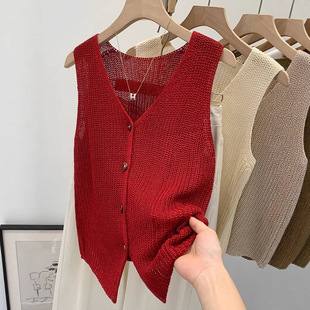Tweed Style Cut Out V Neck Thin Sleeveless Knitted Vest for Women 2025 Summer New Outer Wear Beautiful Top