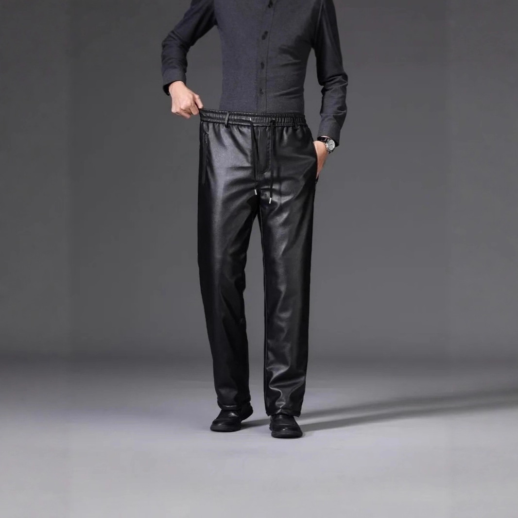 Winter men's leather pants, fleece-lined, thickened, waterproof, windproof, loose-fitting, motorcycle/motorcycle warm pants