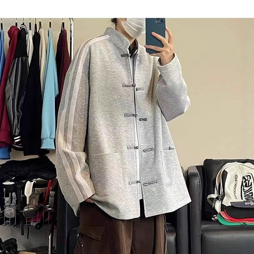Spring and Autumn Cotton Jacket for Men, Chinese Style Stand-Up Collar, Button Closure, Color-Blocked Casual Loose Coat, Couple's Retro Zhongshan Suit