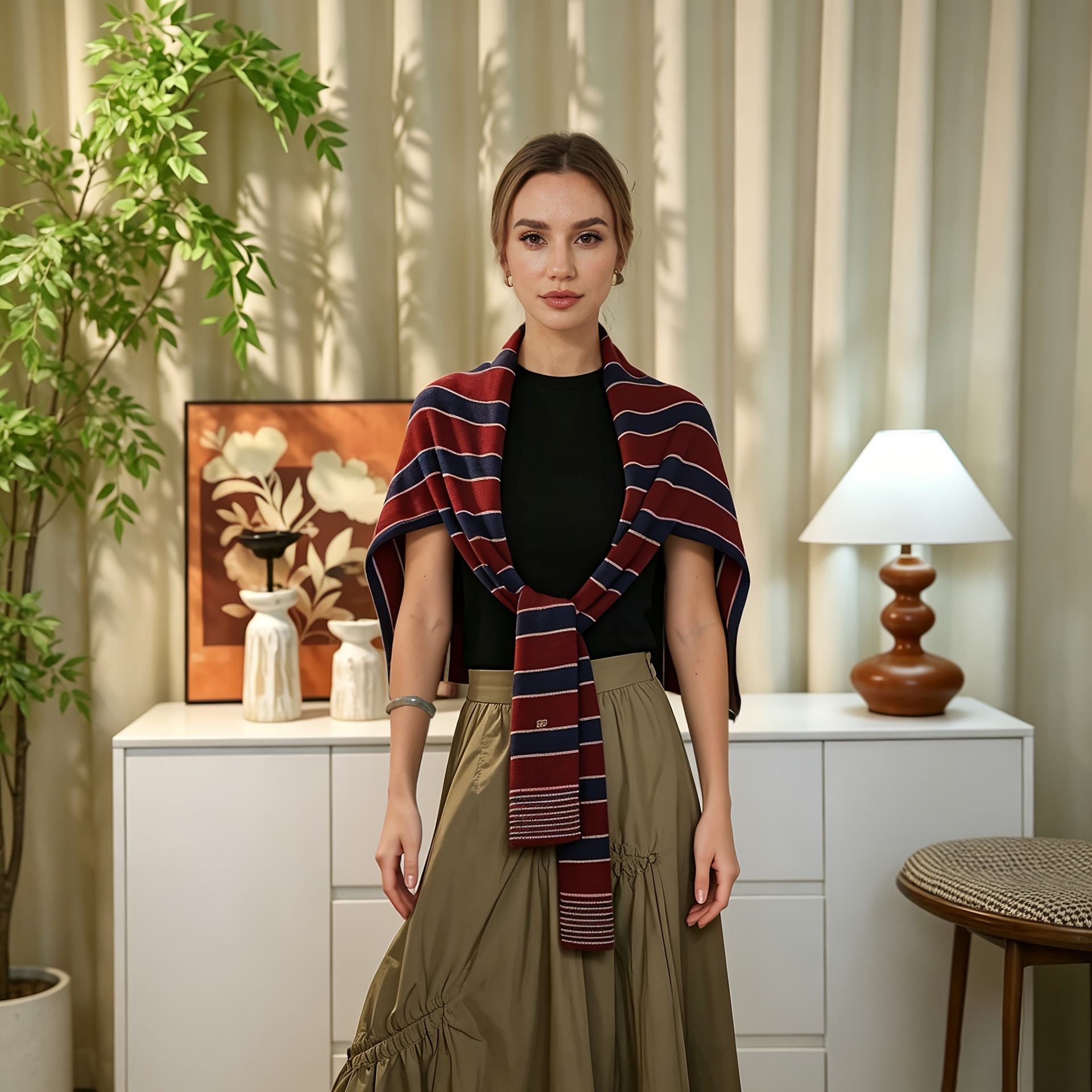 Knitted striped shawl for women, suitable for spring and autumn, with a knotted design, perfect for wearing in the office or air-conditioned rooms, and available for wholesale as a faux cashmere scarf