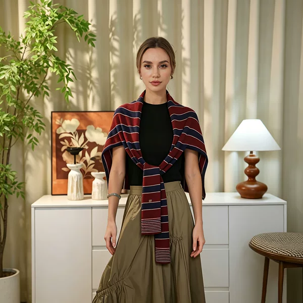 Knitted striped shawl for women, suitable for spring and autumn, with a knotted design, perfect for wearing in the office or air-conditioned rooms, and available for wholesale as a faux cashmere scarf