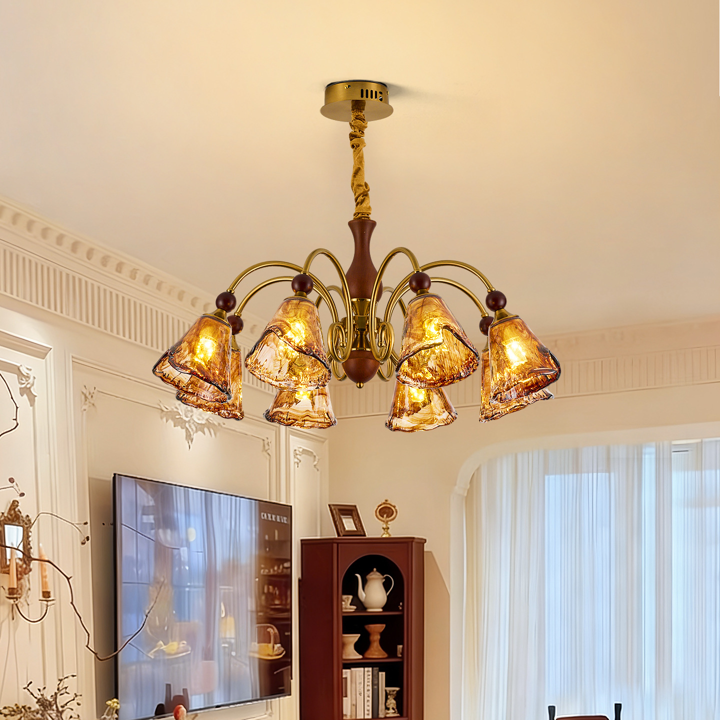 Araña de sala de estar estilo antiguo francés ámbar nuevo estilo madera maciza Maillard comedor retro premium lámpara de dormitorio principal L535