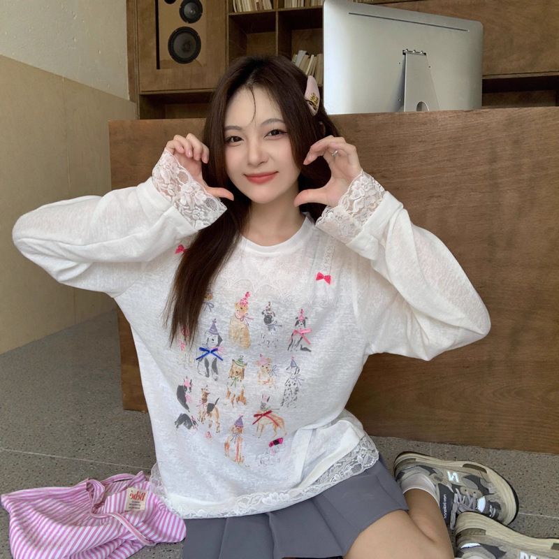 Lace Printed Long-Sleeved T-Shirt for Women in Autum New Korean Style Loose, Lazy, Unique and Super Nice Top