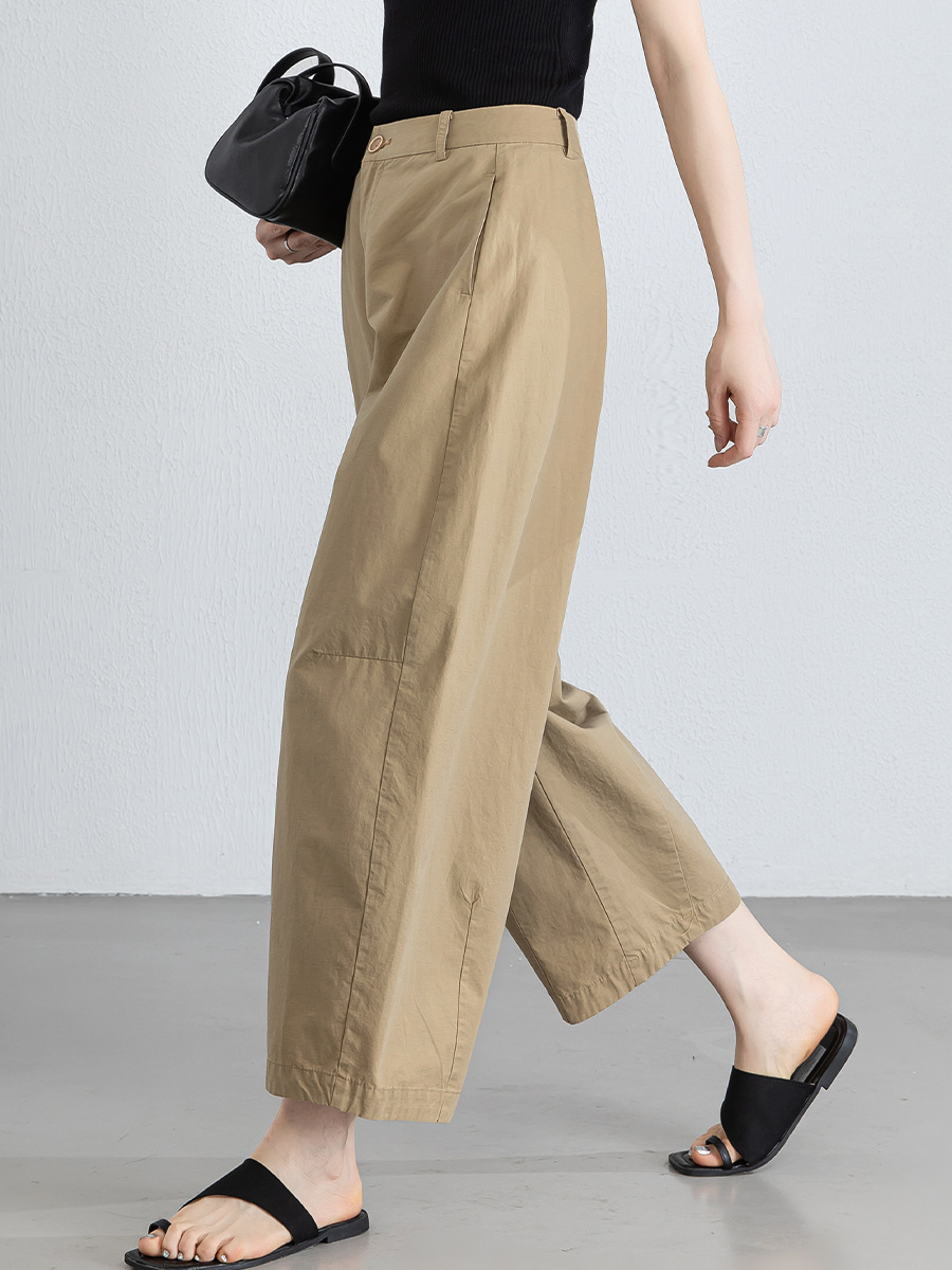 Quần culottes nữ ống rộng cạp cao vải lanh phối cotton, dáng bong bóng thoáng mát — màu kaki