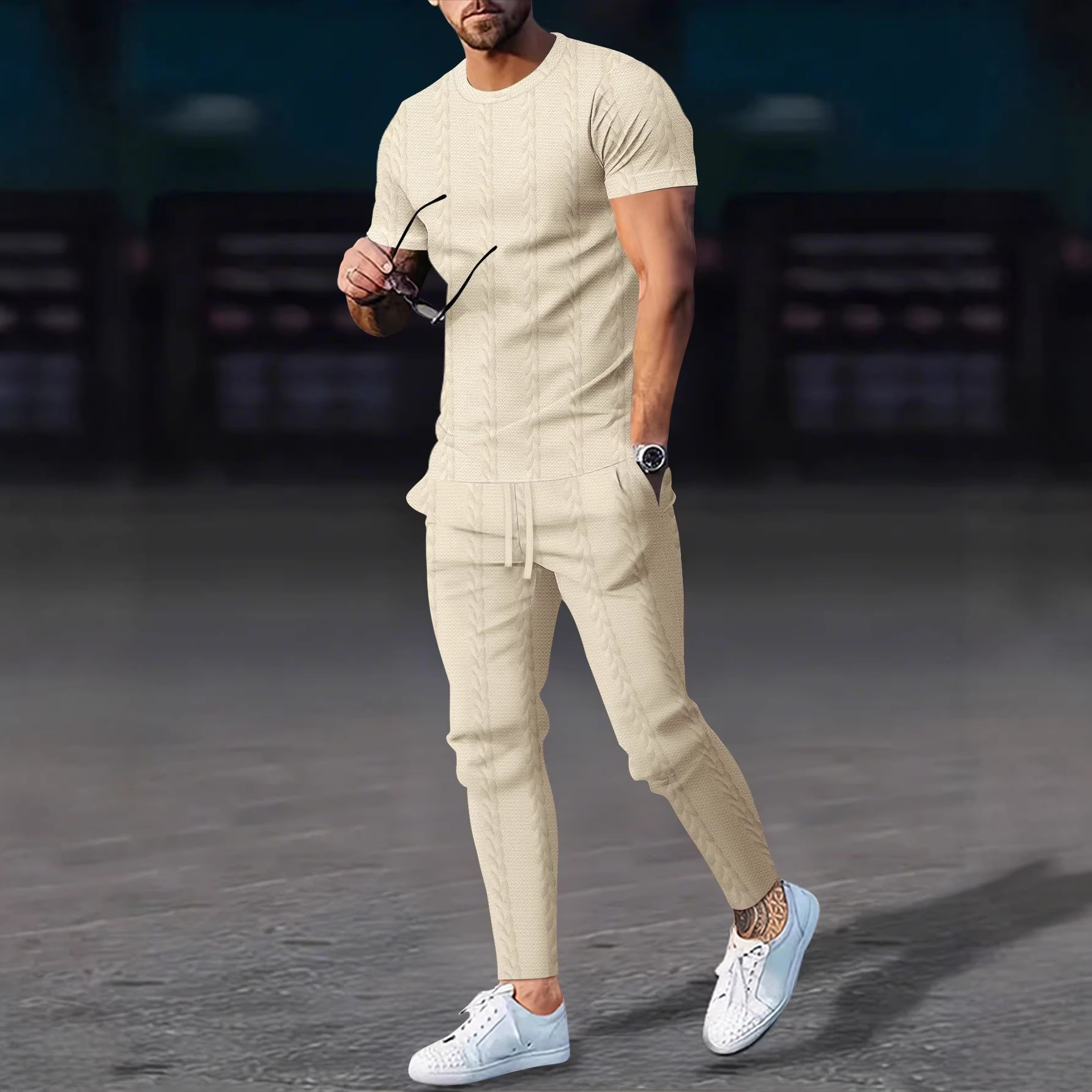 Men's Cable Knit Solid Color Jacquard Pullover Crew Neck Short Sleeve Trousers Casual Suit American Style Autumn New_viptrois.com