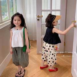 童套装2024夏季韩版女童吊带上衣+灯笼裤套装新款女宝宝两件套