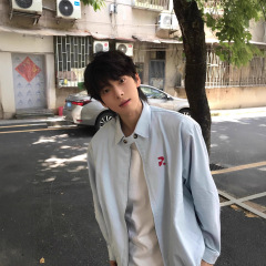 美式高街蓝色翻领工装外套男款秋季宽松休闲情侣装青少年夹克上衣
