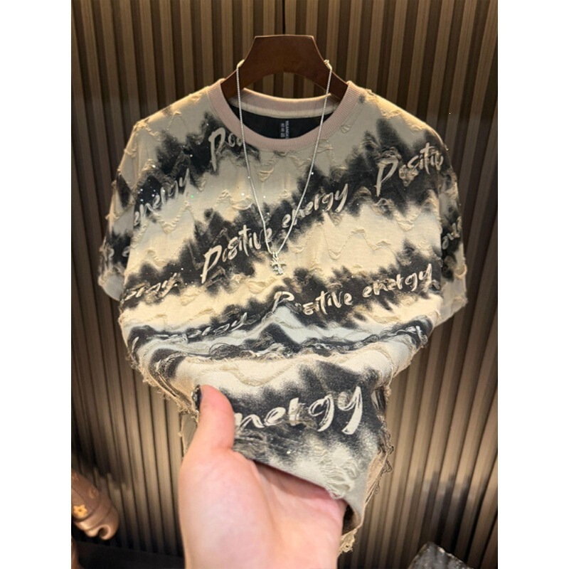 New Cross-Border Short-Sleeve T-Shirt for Men with Starry Rhinestones, Distressed Design, Round Neck, Casual Short-Sleeve Men's T-Shirt, Trendy Base Shirt