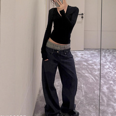 SUNONEON 设计感拼腰头直筒牛仔裤女秋季新丹宁原色休闲裤子
