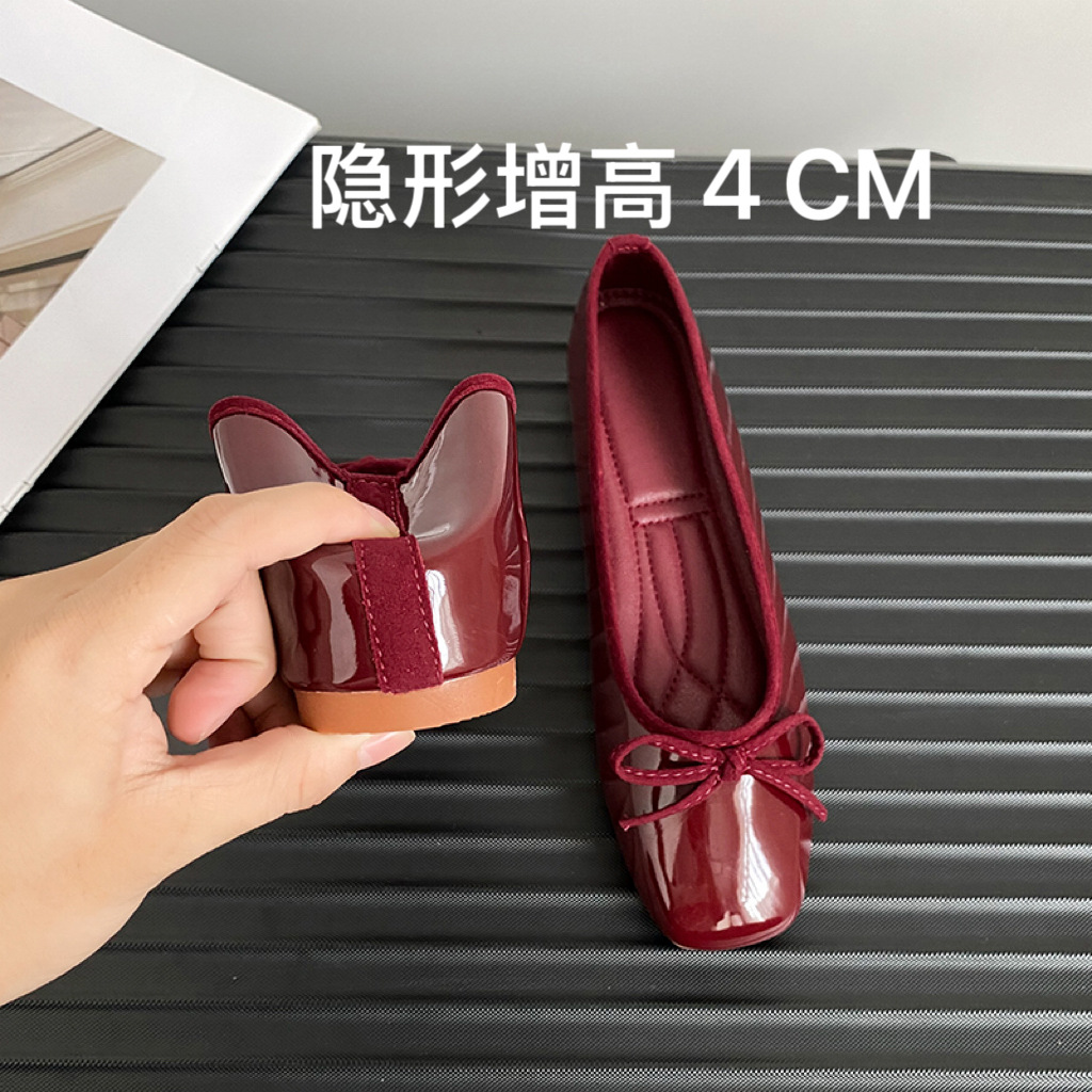 Red Flats for Women 2025 New Style French Style with Skirt Elegant Spring & Fall Patent Leather Inner Heightening Shallow Mouth Ballet