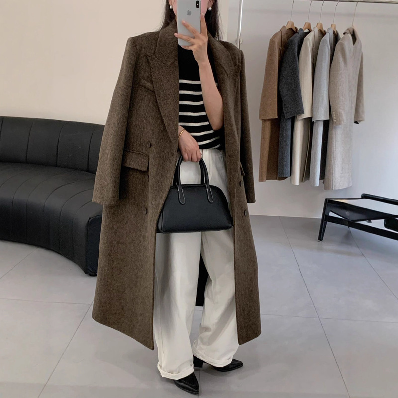 2024 Autumn and Winter New Knee-length Slim-fit Elegant Long Herringbone Double-sided Wool Coat Women's Coat