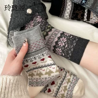 秋冬季女款费尔岛复古文艺风中筒袜冬季女士羊毛袜加厚保暖长袜