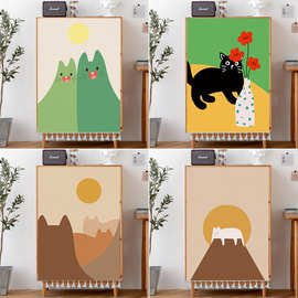 厨房遮丑帘书柜橱柜子遮挡帘免打孔魔术贴自粘猫咪卫生间窗户门帘