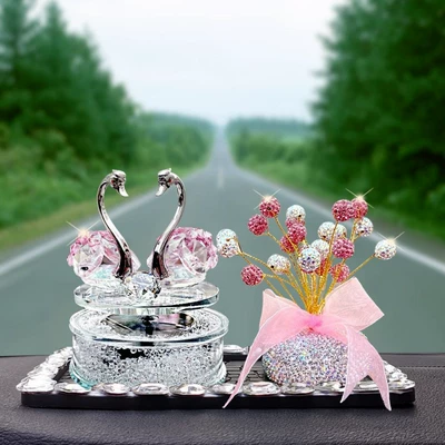 Car Car Ornaments 2025 New – Car ornaments - solar-rotating-pink-swan-pink-diamond-gypsophila-large-diamond-square