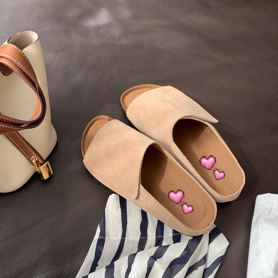 Dép sandal nữ quai ngang bản rộng mũi tròn đế bằng gấp gọn đi ngoài trời mùa hè — Màu Kaki, Màu mơ, Màu đen