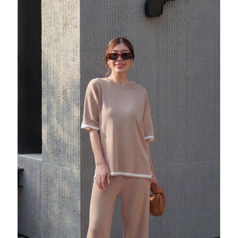 2024新款气质时尚撞色开叉短袖针织衫高腰显瘦阔腿裤长裤两件套装