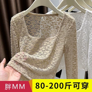 大码网纱蕾丝打底衫女裝胖mm秋冬新款纯欲风镂空内搭长袖t恤上衣