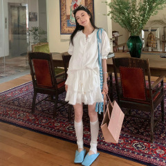 スポットコットン刺繍半袖シャツトップスとスカートスーツ女性用2025リラックスホワイト2点セット