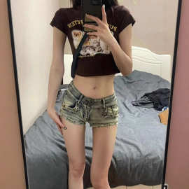 美式辣妹低腰牛仔短裤女装夏季修身显瘦设计感小个子包臀阔腿热裤