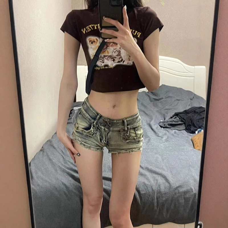 American Style Hot Girl Low Waist Denim Shorts Women's Summer Slim-Fit Slimming Design Sense Small Hip Wide Leg Hot Pants