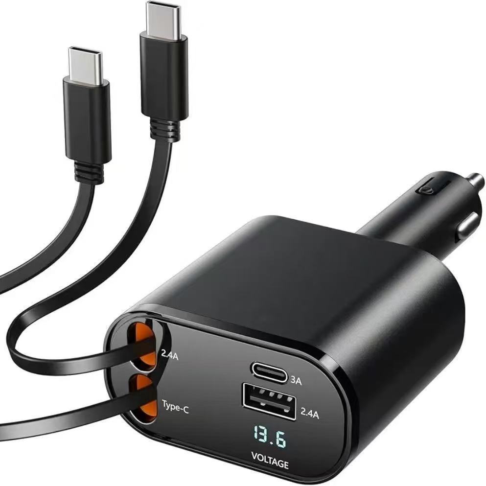 Car Charger 120W Super Fast Charging Retractable Cable Four-In-One Car Charger Car Cigarette Lighter Huawei Apple Head Car Charger