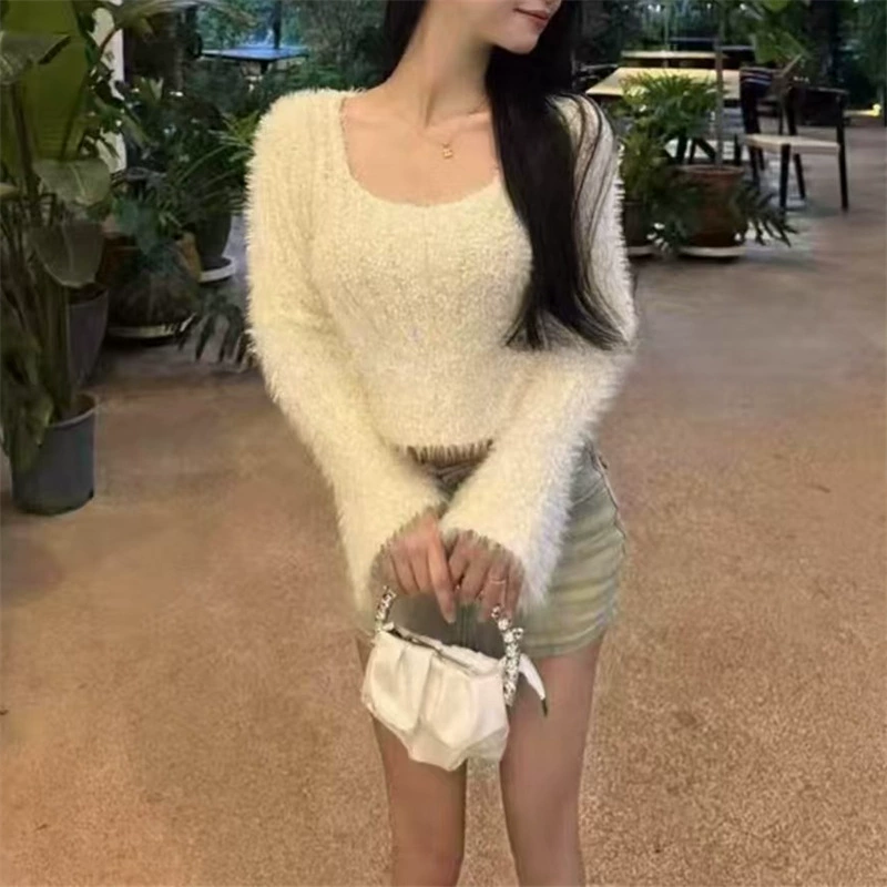Мягкий восковой трикотаж с имитацией норки в ленивом стиле, женский осенне-зимний универсальный новый плюшевый бархатный короткий трикотажный топ для маленьких людей