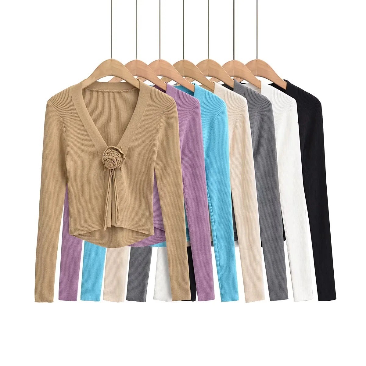 Fashionable three-dimensional rose hidden buckle design top for women 2023 Autumn New style pit striped V-neck knitted cardigan fashion