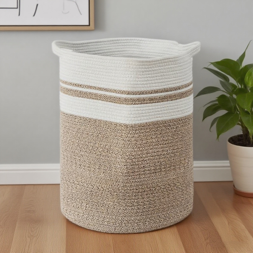 Cesta de almacenamiento tejida con cuerda de algodón, cesta de bambú, cesta para ropa sucia, portátil, plegable, hecha a mano, para artículos diversos, cesta plegable