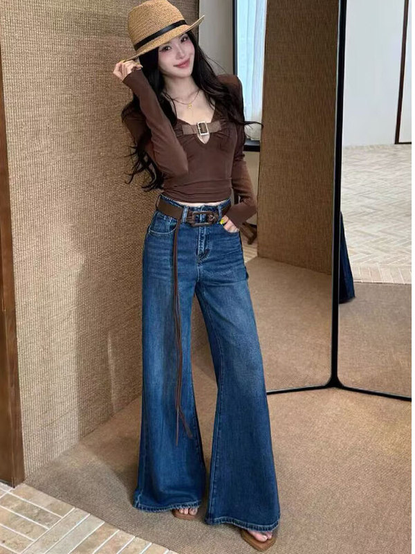 复古不贴腿直筒微喇牛仔裤女高腰2025夏季新款宽松显瘦拖地喇叭裤|undefined