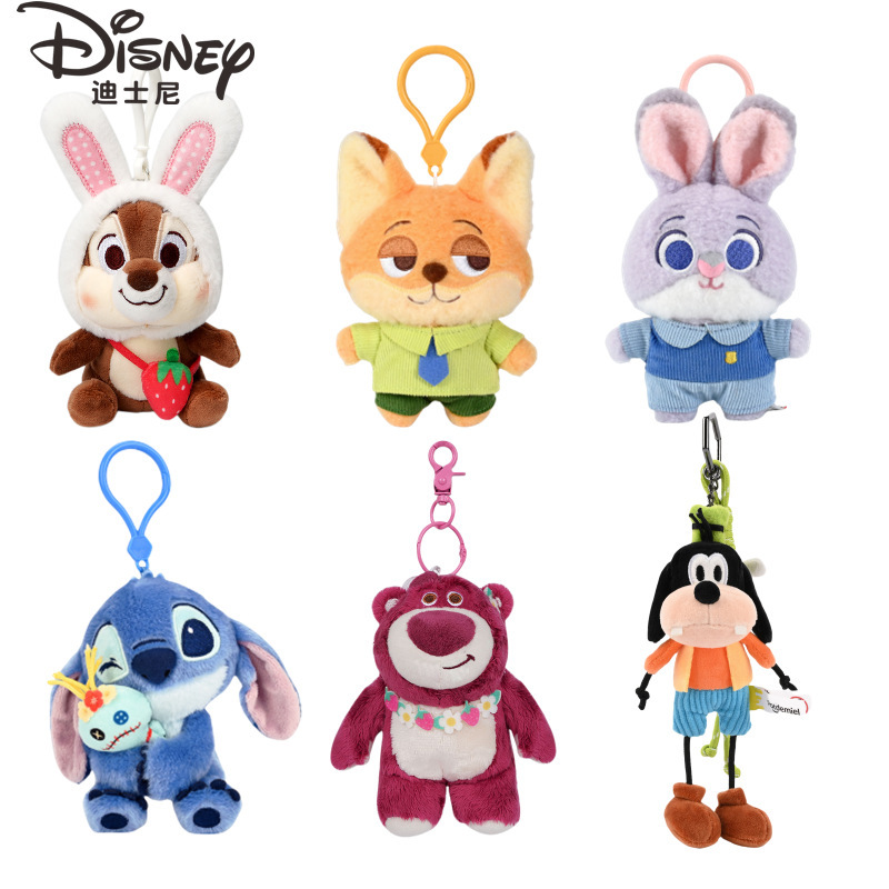 Authentic Disney Stitch Pendant Strawberry Bear Plush Doll Winnie the Pooh Doll Keychain Backpack Pendant for Women