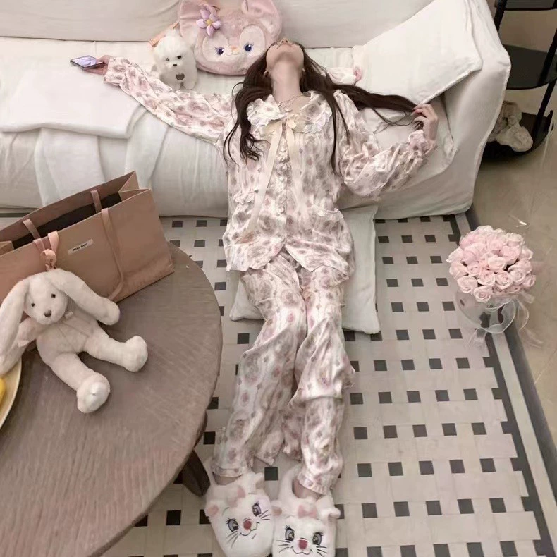 [Meng Rabbit Paradise] Летняя пижама женская осень ретро брюки с длинными рукавами шелковые детские воротники