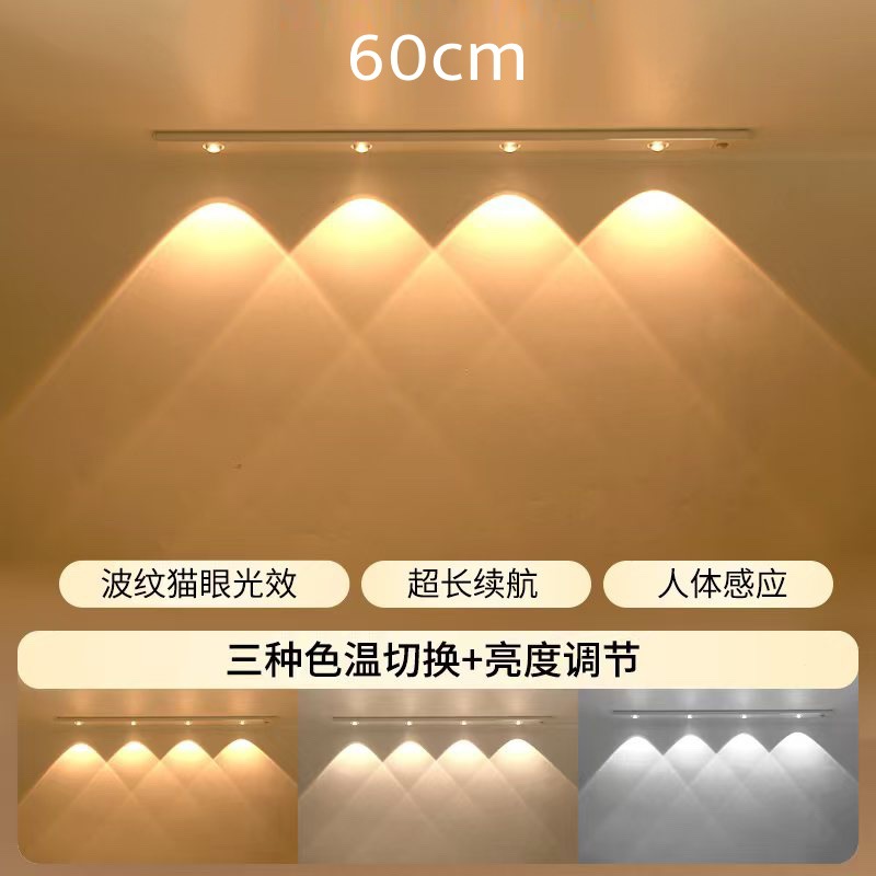 Lámpara de sensor de cuerpo humano LED inteligente transfronteriza tira de luz de colina de ojo de gato ultrafina tira de luz de gabinete de vino autoadhesivo recargable