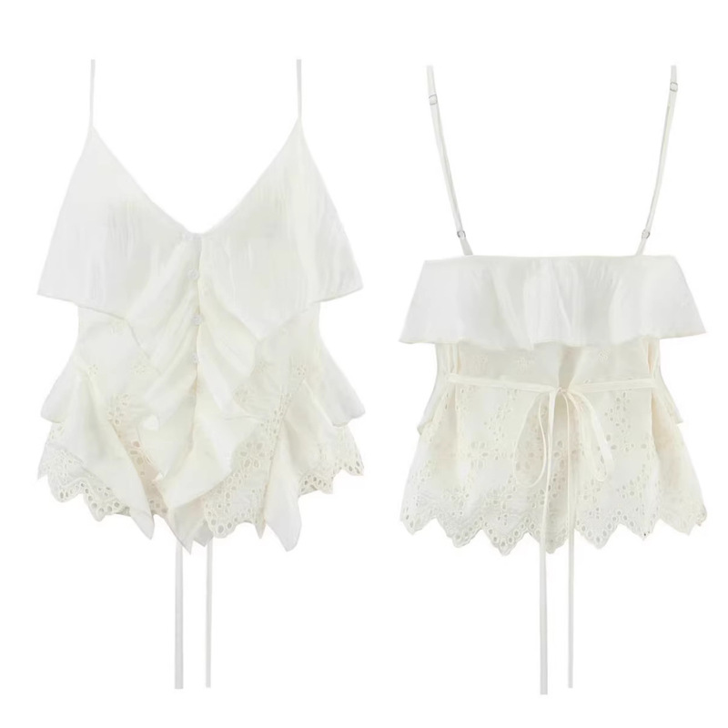 Foreign Trade French-Style Design with Unique Ruffled V-Neck and Asymmetrical Design, Tie-Up Camisole Versatile Top Foreign Trade French-Style Design with Unique Ruffled V-Neck and Asymmetrical Design, Tie-Up Camisole Versatile Top