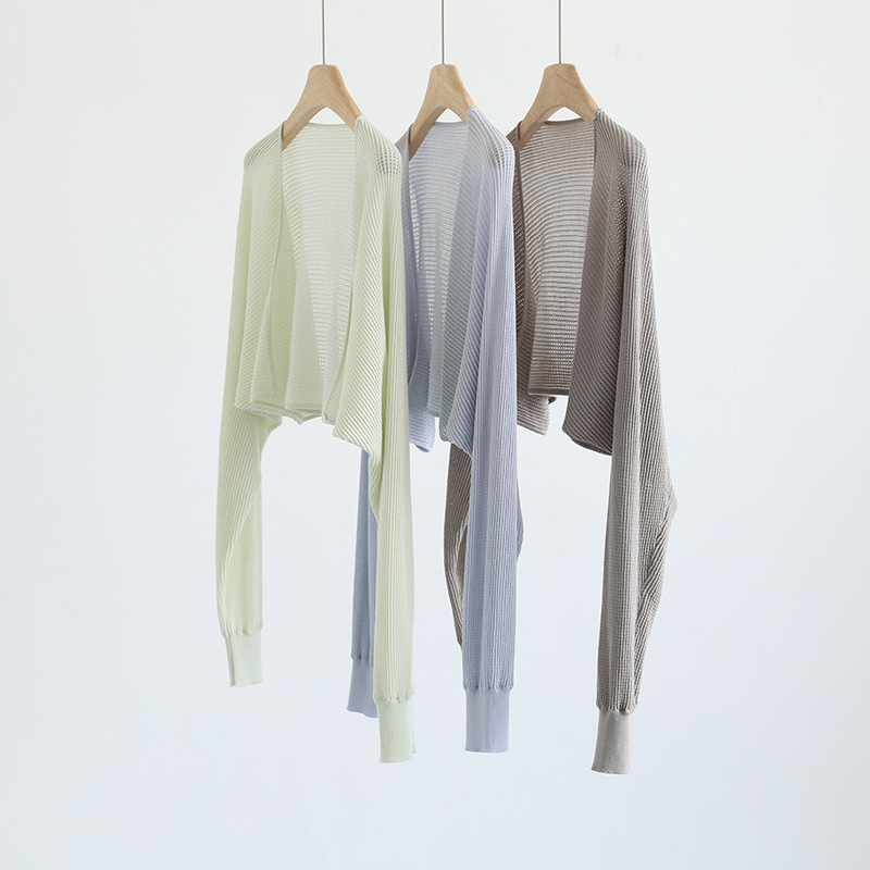 Summer Cool Sense Lazy Loose V-Neck One-Button Cross-Pattern Hollow-Out Bat Sleeve Short Sweater Air-conditioning Shirt