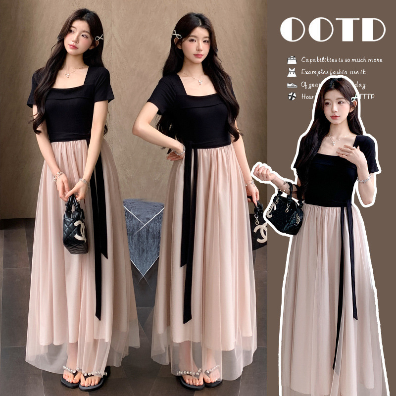 Maternity Wear Women's Summer Dress 2026 New Style French Gentle Style Pink Spliced Mesh Long Beautiful Dress