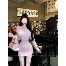 韩国美人性感粉色V领露肩针织连衣裙女春装辣妹内搭修身包臀短裙