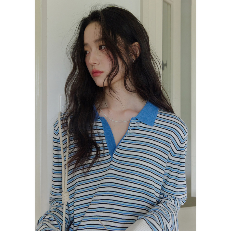 Color-Block Polo Collar Blue and White Striped Pullover Wool Knit Sweater 2026 Women's Spring New Layered Loose Thin Sweater