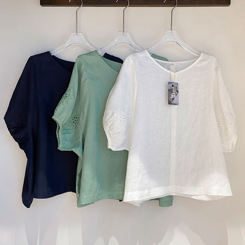 Sudachi Linen Shirt Loose Lazy Embroidered V Neck Pullover Full Linen Puff Sleeve Top for Women Sudachi Linen Shirt Loose Lazy Embroidered V Neck Pullover Full Linen Puff Sleeve Top for Women