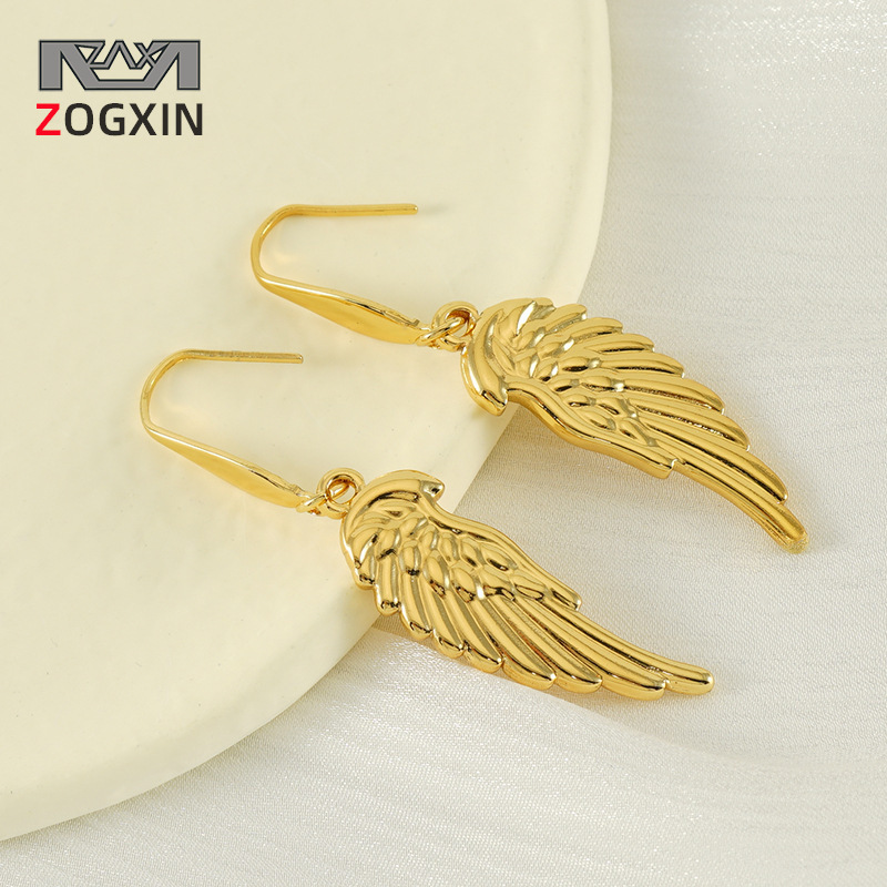 Nuevo diseño transfronterizo, pendientes de alas de plumas de acero inoxidable, pendientes de moda chapados en oro únicos, fábrica al por mayor