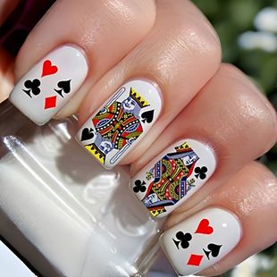 Mid-Length European Square Nail Art Patch European and American Hot-Selling Ins Style White Playing Card Pattern Nail Art Patch