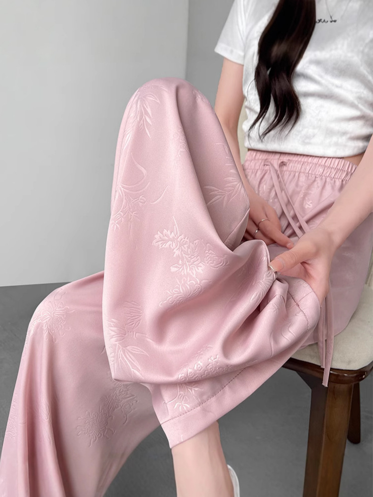 Pantalones de piernas anchas de seda de hielo para mujeres 2026 otoño engrosado nuevo hombre pequeño casual pantalones de estilo chino nuevo acético