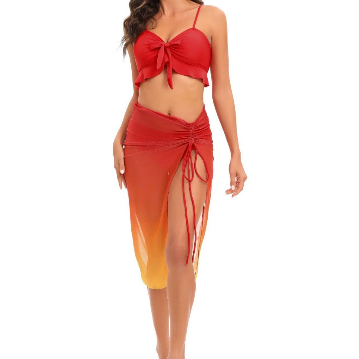 2025 новый раздельный трехкомпонентный консервативный бикини с юбкой в стиле сетки, сексуальный европейский и американский купальник Amazon оптом