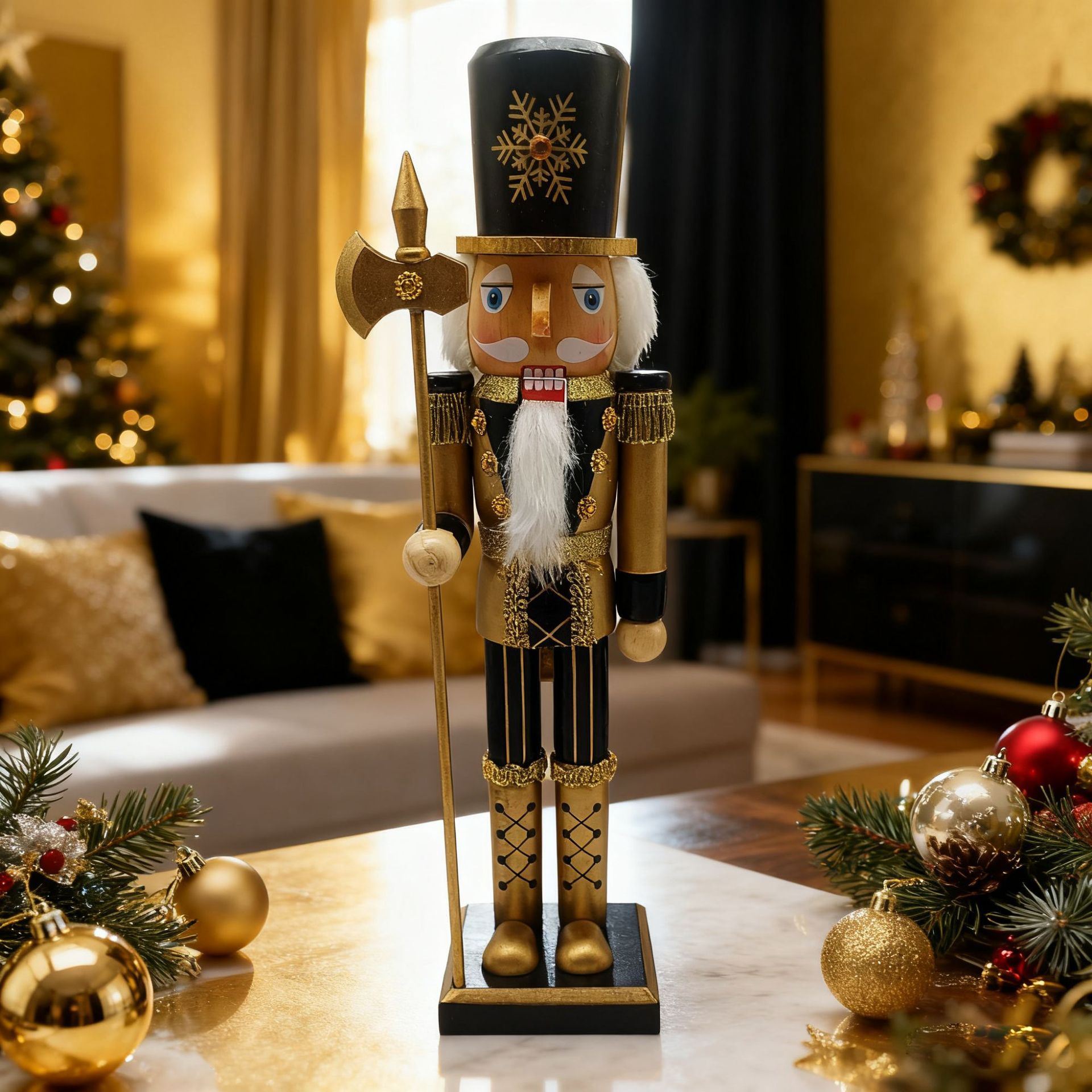 Nueva Boutique decoración de la estatua del cascanueces de madera de navidad, oro negro y polvo flash, adornos de soldados del Rey