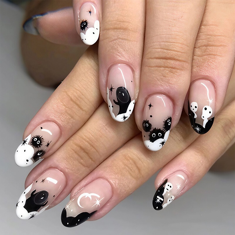 24 pieces of oval Halloween press-on nails, little coal ball and little ghost designs, fake nails, cross-border wholesale, in stock 24 pieces of oval Halloween press-on nails, little coal ball and little ghost designs, fake nails, cross-border wholesale, in stock