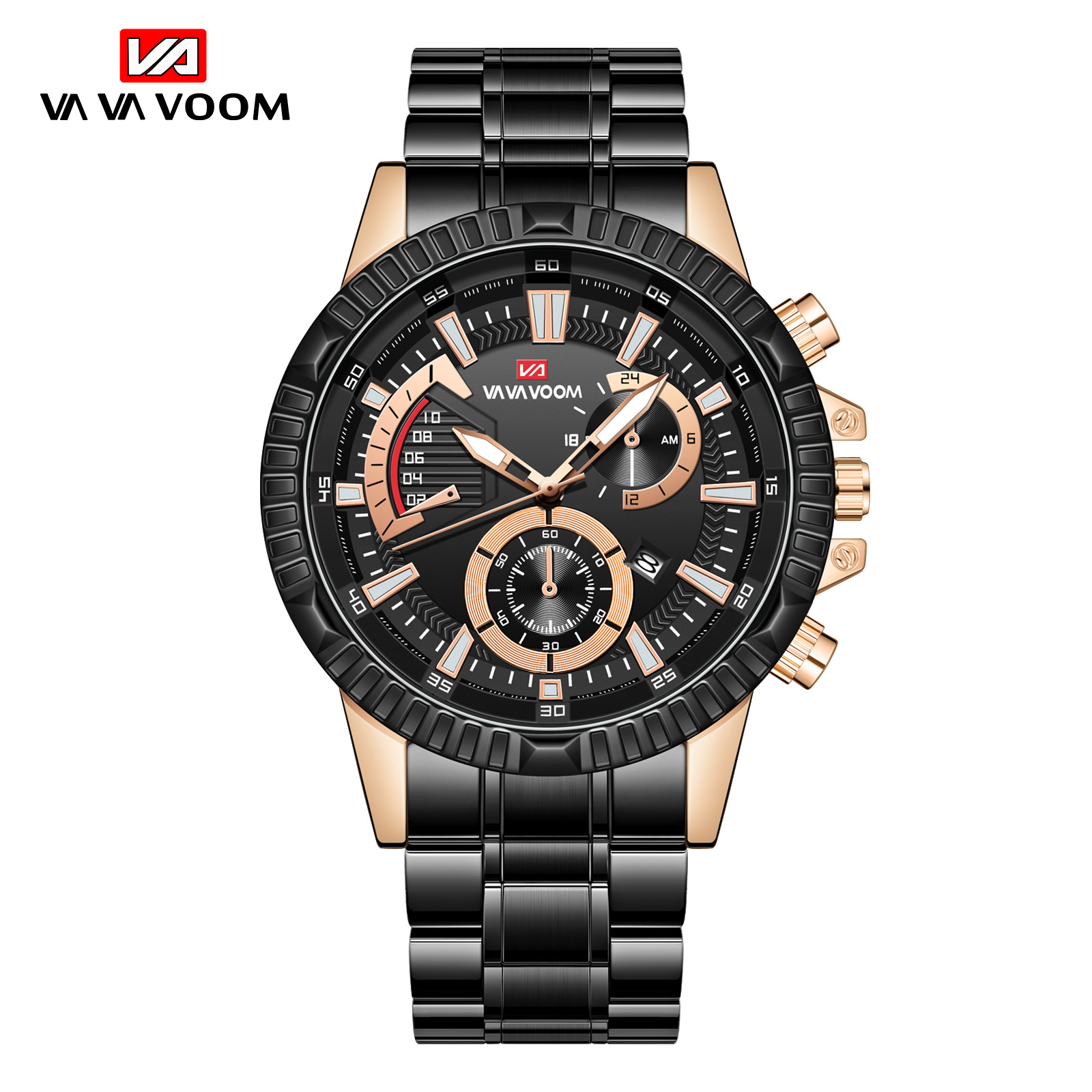 VAVA VOOM 2361 nuevo calendario de negocios casual falso movimiento de cuarzo de tres ojos reloj de correa de acero para hombres
