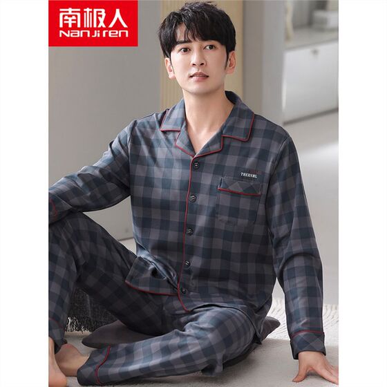 100% cotton pajamas men's spring and autumn long-sleeved dad home wear thin outer wear plus size suit