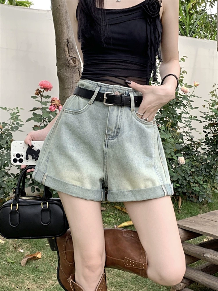 Летние утягивающие джинсовые шорты больших размеров с поясом для женщин, широкие шорты трапециевидной формы с высокой талией